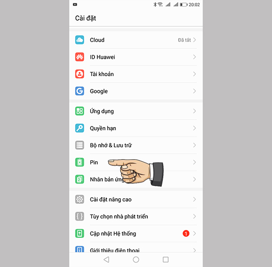 Vào cài đặt Pin